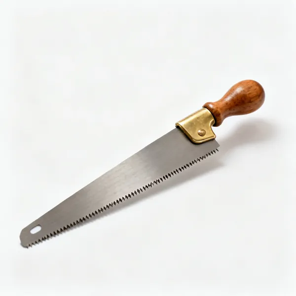 A dovetail saw with a small turned wooden handle, brass back and very fine teeth