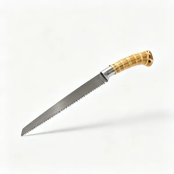 A japanese dozuki saw with a rattan wrapped handle, reinforced spine and very fine teeth