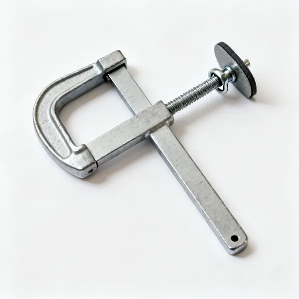 F clamps: A steel F clamp with a sliding jaw on a flat bar and a screw handle with a swivel pad