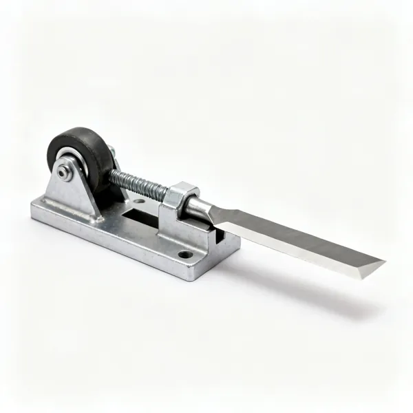 A metal honing guide jig with a roller and clamping screw holding a chisel blade