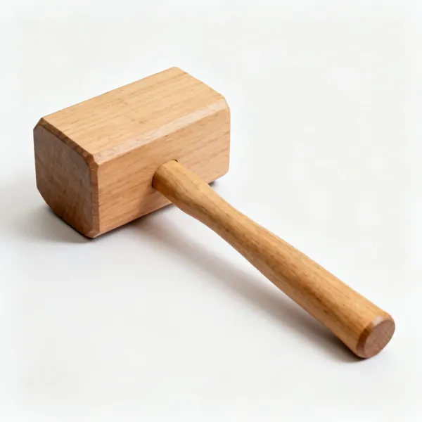 Wooden mallet: A wooden carpenters mallet with a large rectangular beech head and a tapered handle