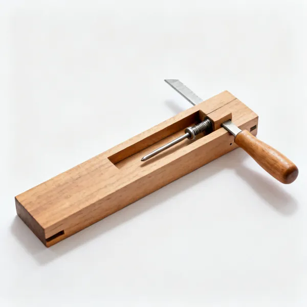 A wooden marking gauge with a beam, sliding fence, thumbscrew and steel marking pin