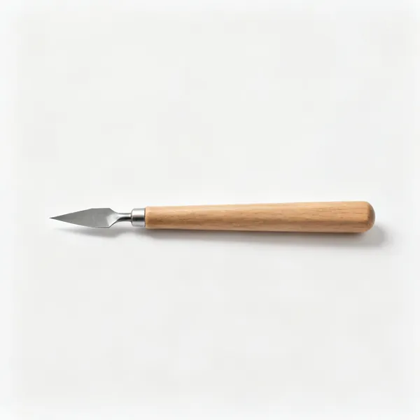 A marking knife with a small pointed single bevel steel blade and a slim wooden handle