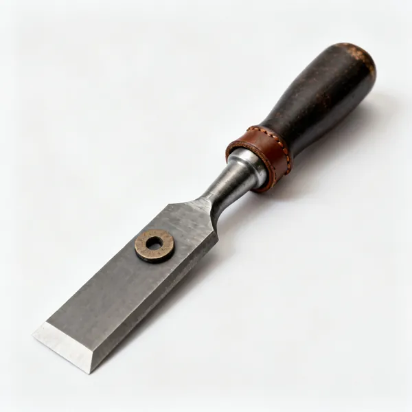A mortise chisel with a very thick square section blade, leather washer and heavy handle