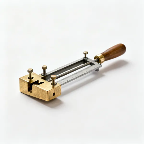 A brass faced mortise gauge with two adjustable marking pins and a sliding fence