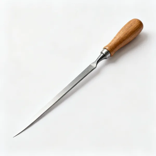 A long paring chisel with a very long thin blade and a wooden handle