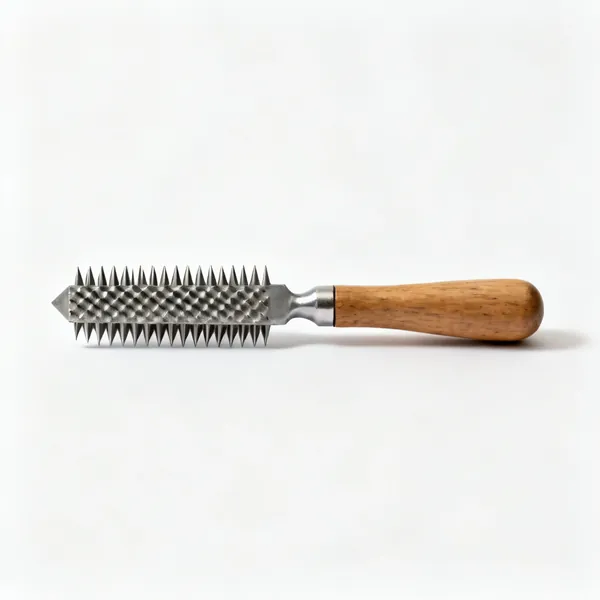 A half round cabinet rasp with individually raised teeth and a wooden handle