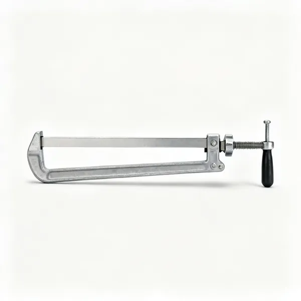 Sash cramps: A long steel sash cramp with a flat bar, screw head and a movable pinned stop