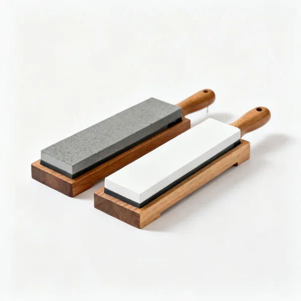 Two rectangular sharpening stones, one coarse grey and one fine white, on wooden bases