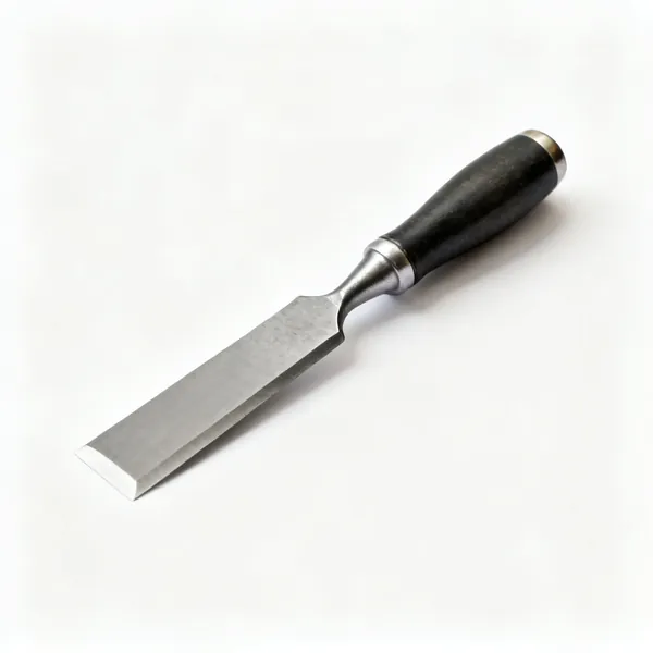 A bolster chisel with a wide flat blade and a hand guard
