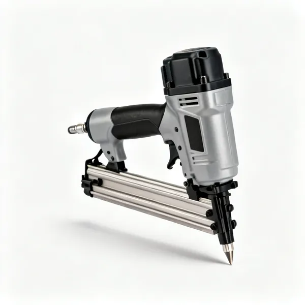 A cordless brad nailer with a magazine and nose tip