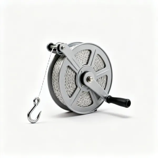 A chalk line reel with a hook and a crank handle