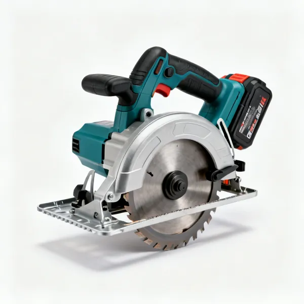 A cordless circular saw with a blade guard and a base plate