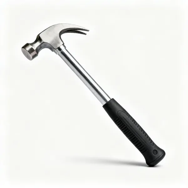 A claw hammer with a steel shaft and a rubber grip