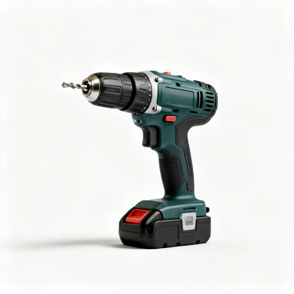 A cordless combi drill with a keyless chuck and a battery