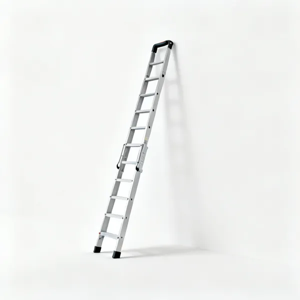 An aluminium extension ladder leaning against a wall