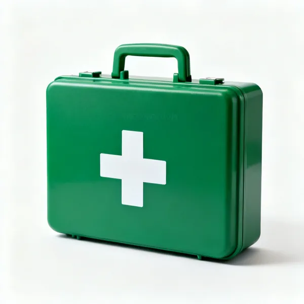 A green first aid kit box with a white cross