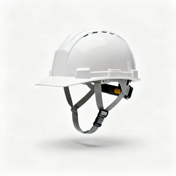 A white construction hard hat with a chin strap