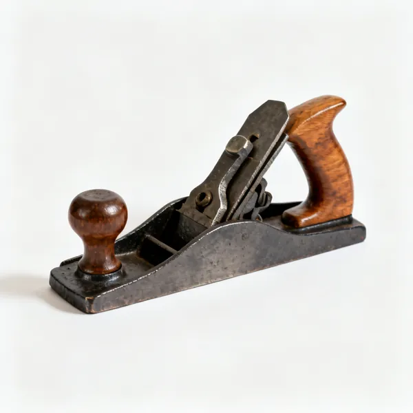 A jack plane with a medium cast iron sole and wooden handles