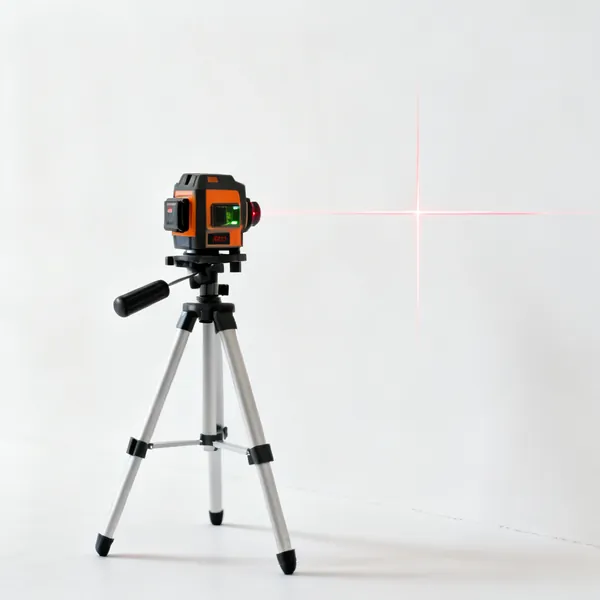 A cross line laser level on a tripod projecting lines on a wall