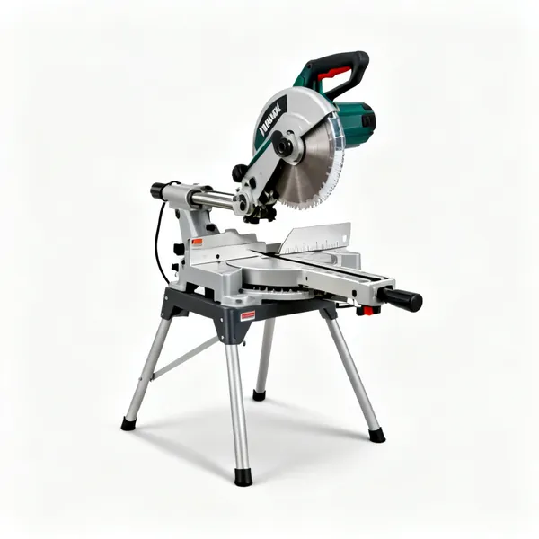 A sliding compound mitre saw on a stand with a blade guard