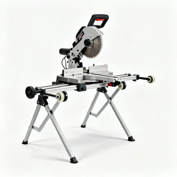 A folding mitre saw stand with extension arms and rollers