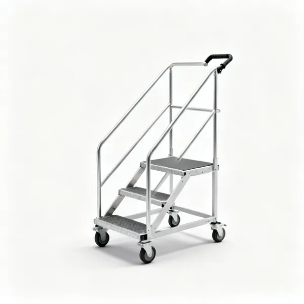 A mobile podium step with a platform and guard rails