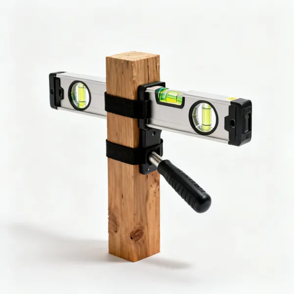 A post level strapped to a wooden post with two vials