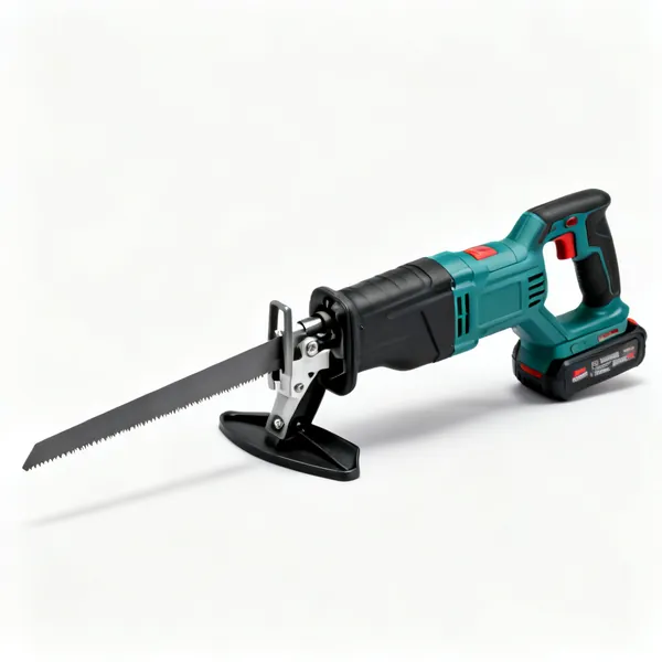 A cordless reciprocating saw with a long blade and pivoting shoe