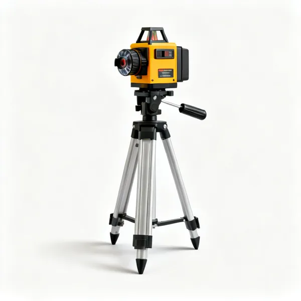 A rotary laser level on a tripod with a spinning head