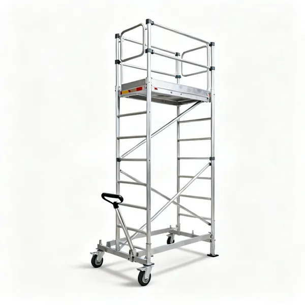 An aluminium mobile scaffold tower with a platform and guard rails