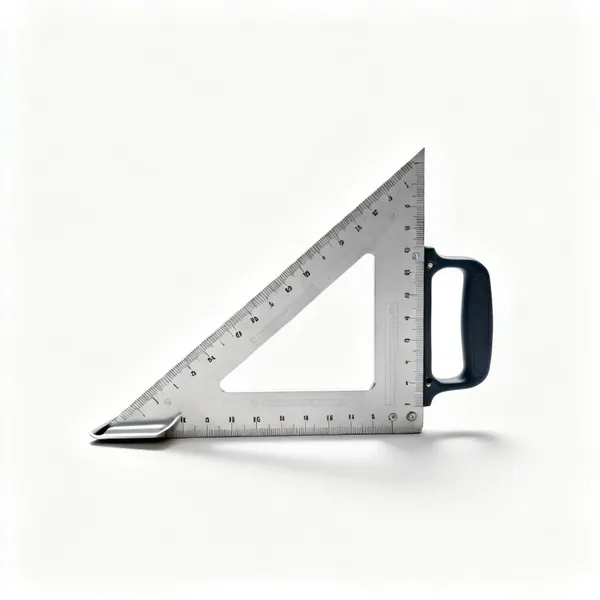 A triangular speed square with graduations and a raised lip