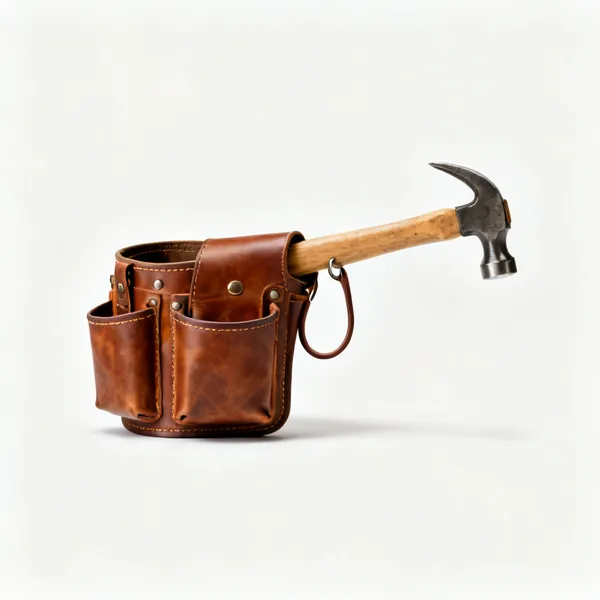 A leather tool belt with pouches and a hammer loop