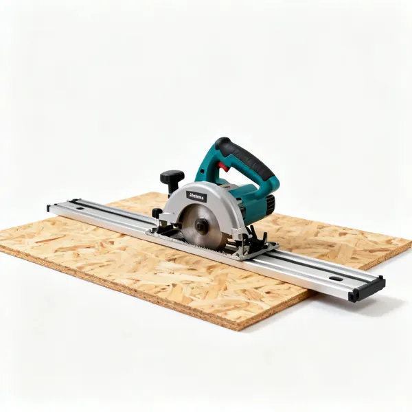 A track saw sitting on a guide rail on a sheet of plywood