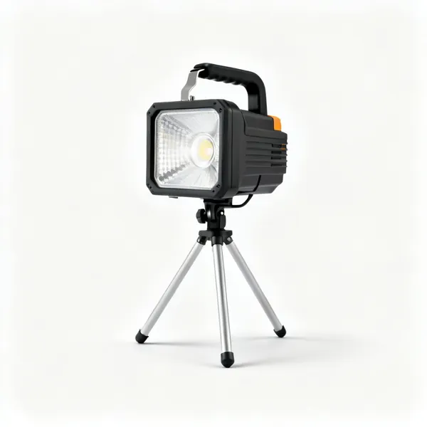 A portable LED work light on a folding stand