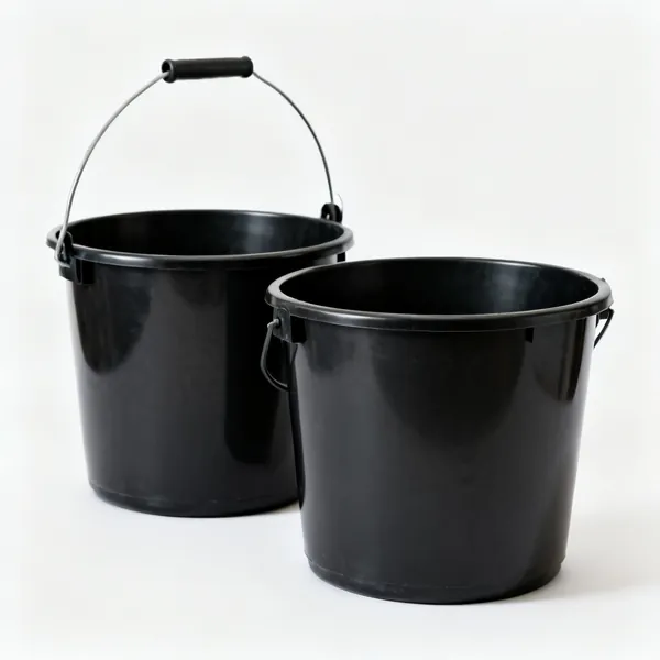 Heavy duty buckets: Two heavy duty black plastic builder's buckets