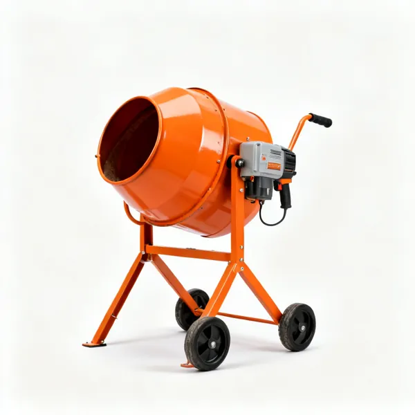 Drum mixer: An orange electric drum cement mixer on a wheeled stand with a tilting drum