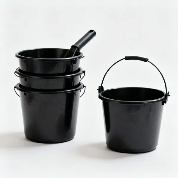 Three identical black plastic gauging buckets stacked and one upright