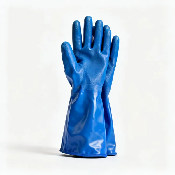 Waterproof gloves: A pair of blue nitrile coated waterproof gauntlet work gloves