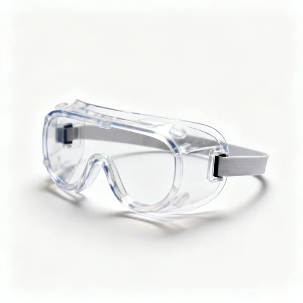 A pair of sealed clear safety goggles with a headband