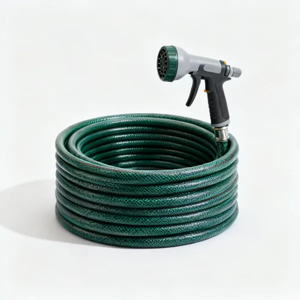 A coiled garden hose with a spray nozzle