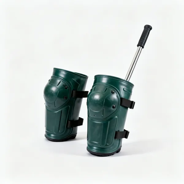 Waterproof knee pads: A pair of waterproof rubber work knee pads with straps