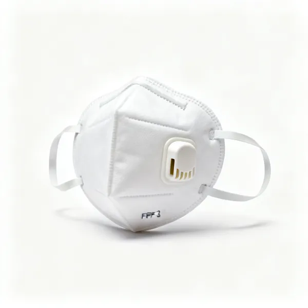 A white FFP3 respirator dust mask with two straps and a nose clip