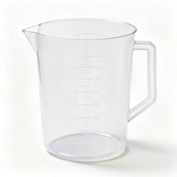 A large plastic measuring jug with printed graduations
