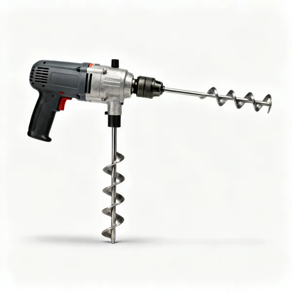 A heavy duty paddle mixer drill with a helical mixing paddle attached