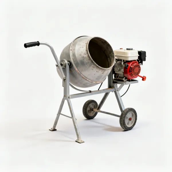 Petrol mixer: A petrol engine cement mixer with a drum and a pull start engine