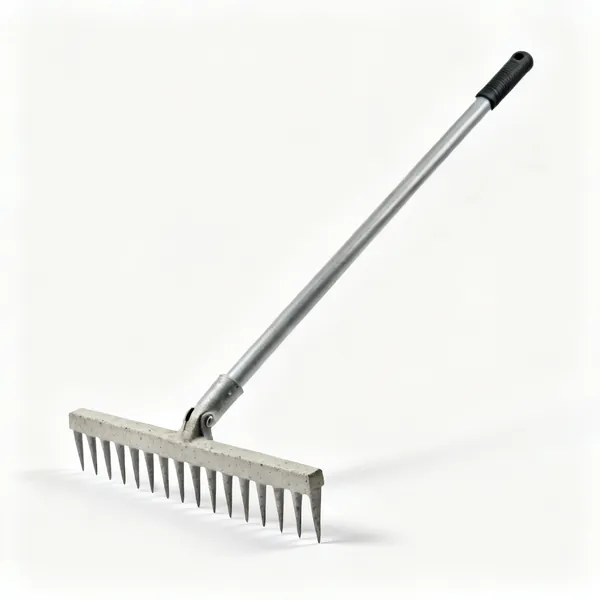 Concrete rake: A wide toothed concrete placing rake with a long handle