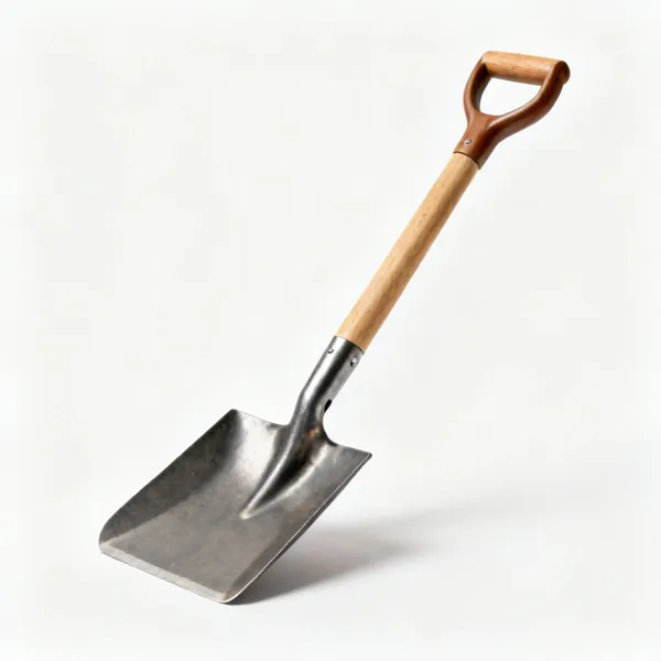 A square mouth steel shovel with a wooden handle and a D grip