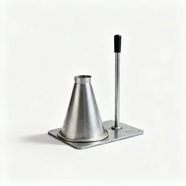 Slump cone: A metal concrete slump test cone with a base plate and a tamping rod