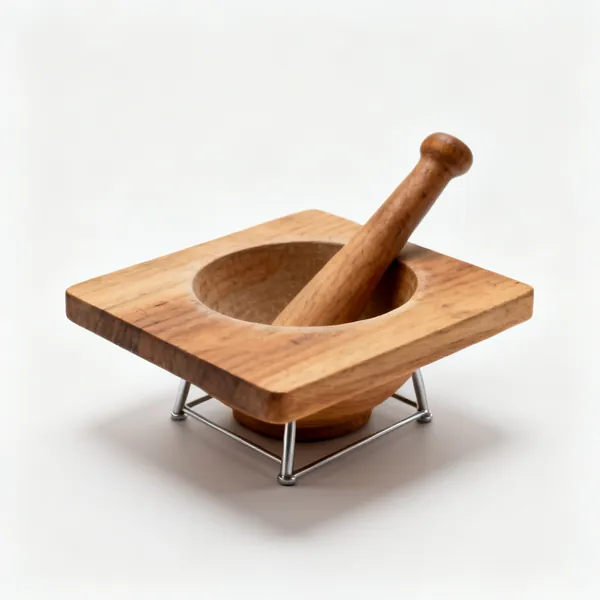 A square wooden mortar spot board on a low metal stand